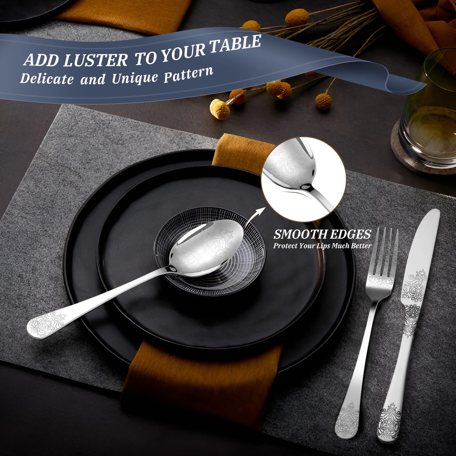 DRAGON RIOT Couvert de Table 12 Personnes - 60 Pieces Set de Couverts en Acier Inoxydable, Menagere Argent avec Couteaux à Manger, Fourchette, Petite Cuillère, Ménagère pour Le Ménage, Restaurant,Fête