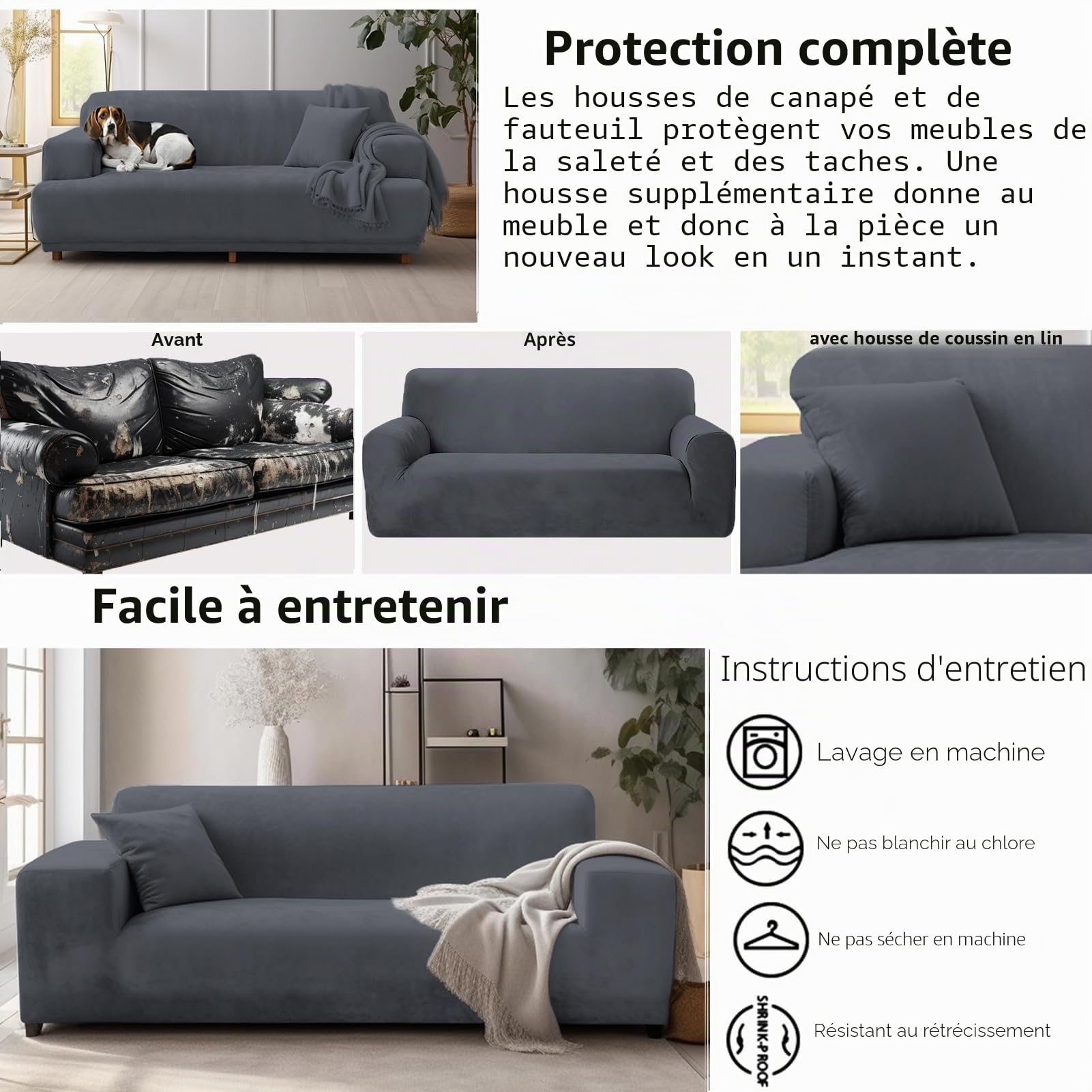 Housse de canapé en velours épais avec une taie d'oreiller, housse de canapé élastique super douce, de couleur grise, pour canapé de 1, 2, 3, 4 places (canapé d'angle en forme de L