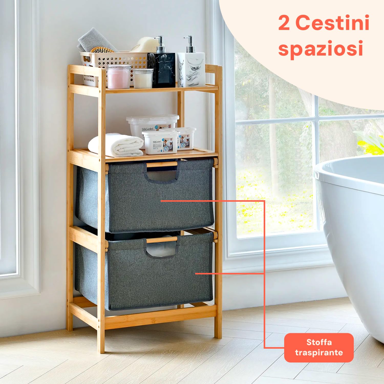 Avilia - Mobiletto Bagno Salvaspazio in Bambù con 2 Ripiani e Cesto Portabiancheria Rimovibile, Design Moderno Multiuso per Bagno, Cucina e Lavanderia Facile da Montare e Resistente