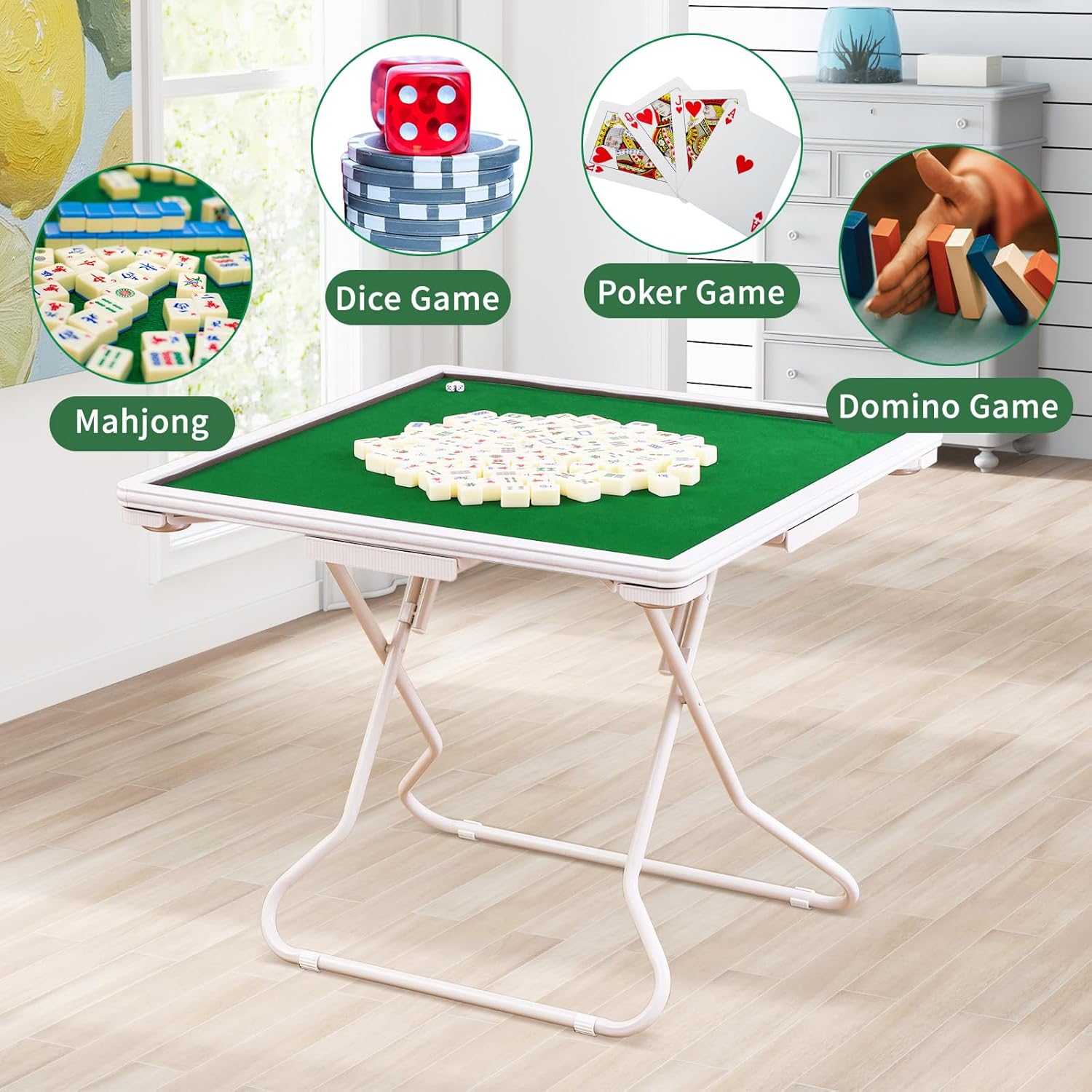35.4’’ Folding Mahjong Table, Square 4 Player Card Game Table with Felt Green Surface, Durable Metal Domino Table with Drawers and Cup Holders - Ideal for Game Nights & Parties