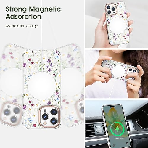 Miniatura 2 de MILPROX Funda compatible con iPhone 15 Pro, compatible con MagSafe, bonito patrón floral de flores para niñas y mujeres, funda protectora magnética