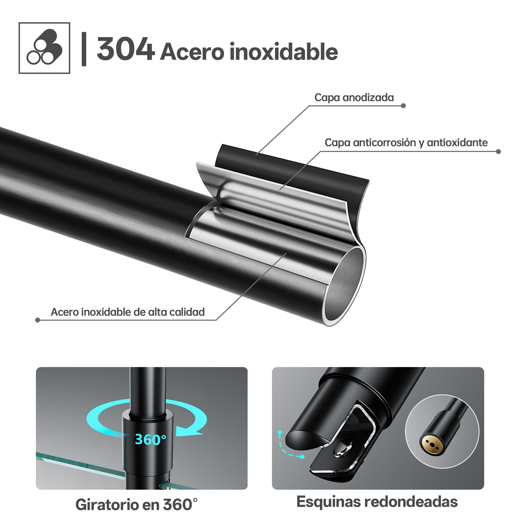 Barra estabilizadora de techo para mampara de ducha, para vidrio de 6-10 mm, longitud 564 mm, acero inoxidable 304, negro mate