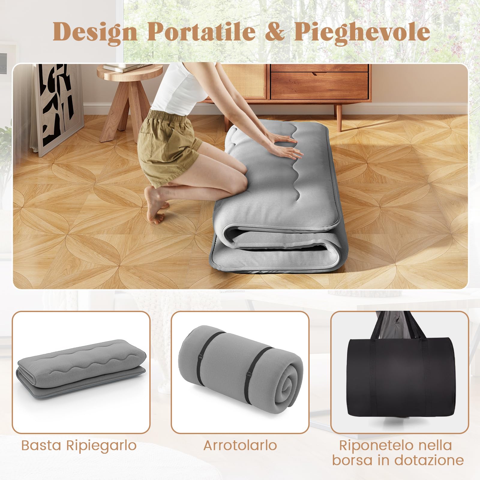 COSTWAY Materasso Futon Pieghevole, Materasso Portatile con Sacca da Trasporto per Camping, Materasso da Terra con Copertura Lavabile (Grigio,200 x 140 cm)