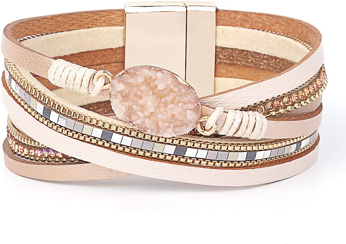 Leather Wrap Bracelets for Women, Multilayer Boho Double Wrap Bracelet Marble Beads Boho Wrap Bracelet Magnetic Clasp Cuff Bracelet Bohemian Jewelry Gift for Women