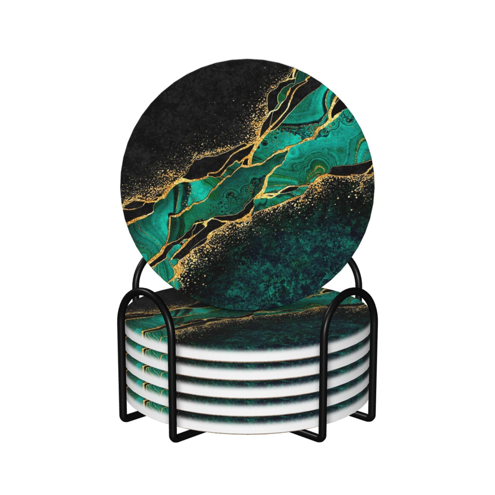Yxdvpalne As Picture Black Teal Marble Green Malachite With Golden Veins Gold Spots,Round Ceramic Coasters, Mugs Pad, Cups Mat Set Of 6 Drinks Coasters With Holder