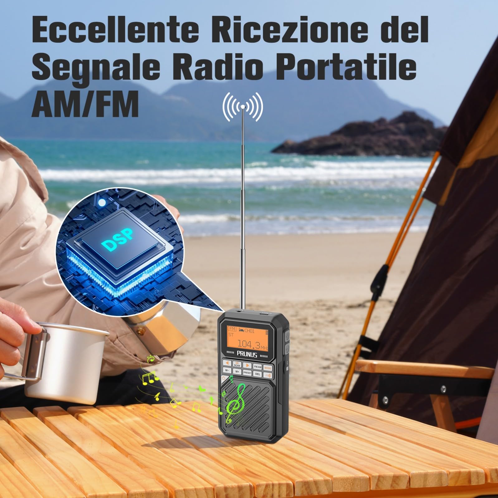 PRUNUS J-525 Radio Portatile AM/FM con Connessione per Auricolari Bluetooth, Mini Radiolina Ricaricabile da 2500 mAh, Radio Digitale con Jack per Cuffie, Slot per Scheda TF, Timer di Sonno.