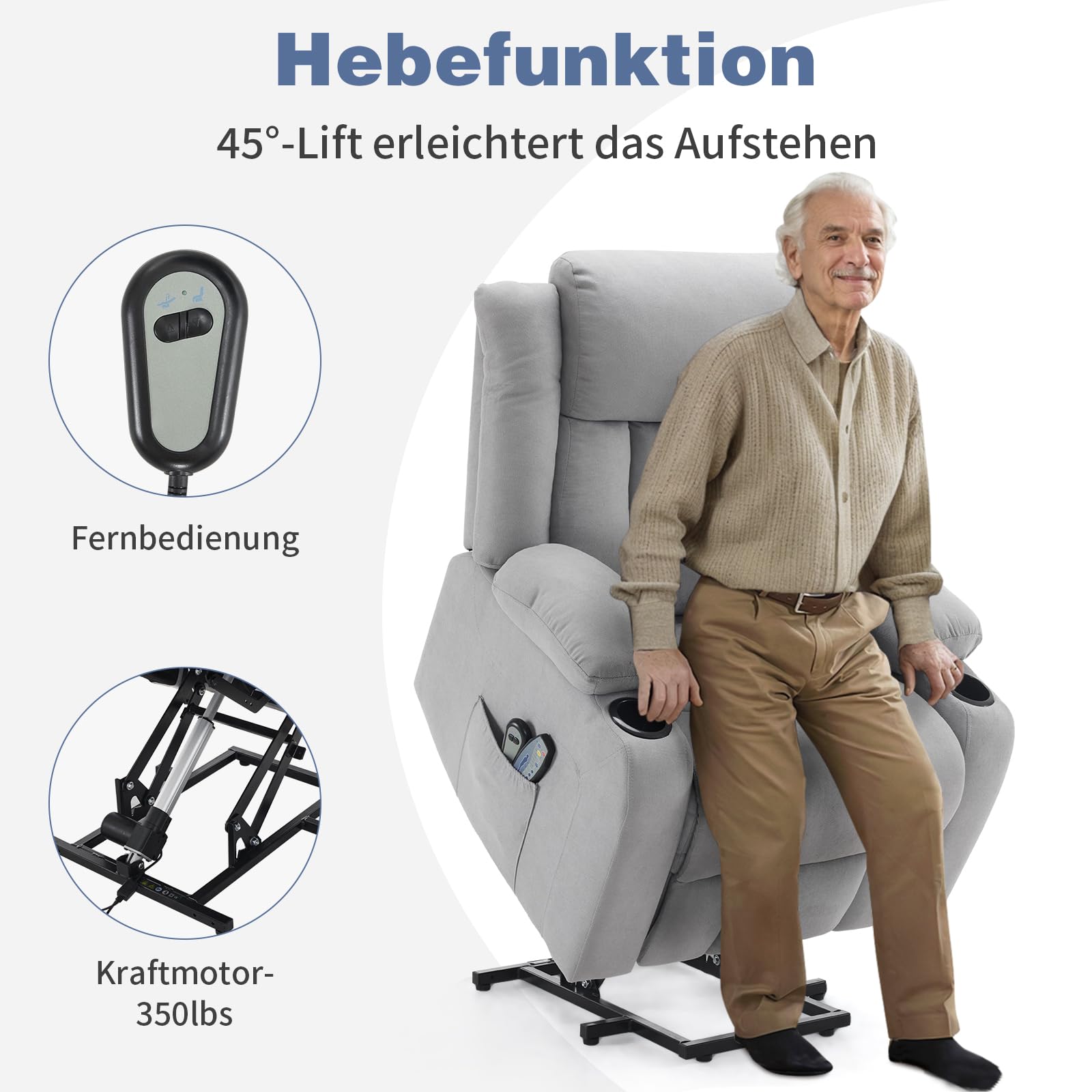 LEADZM Fernsehsessel Relaxsessel mit Aufzug Elektrisch Massagesessel | mit Liegefunktion Aufstehhilfe, Massage Heizung 2 Seitentaschen Getränkehalter, Liegen TV Sessel