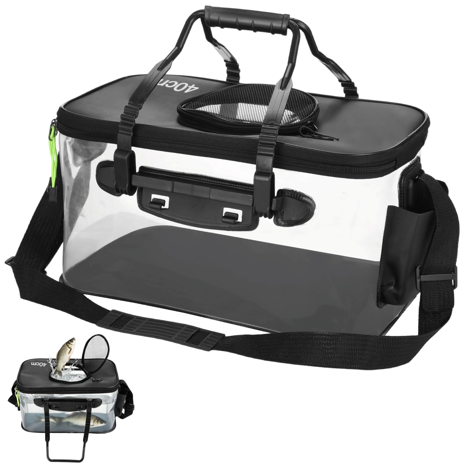 Foldable Fishing Bucket, Collapsible Transparent EVA Fish Storage Bag, Live Fish Container with Aeration Hole and Shoulder Strap, Live Bait Bucket for Fishing and Camping