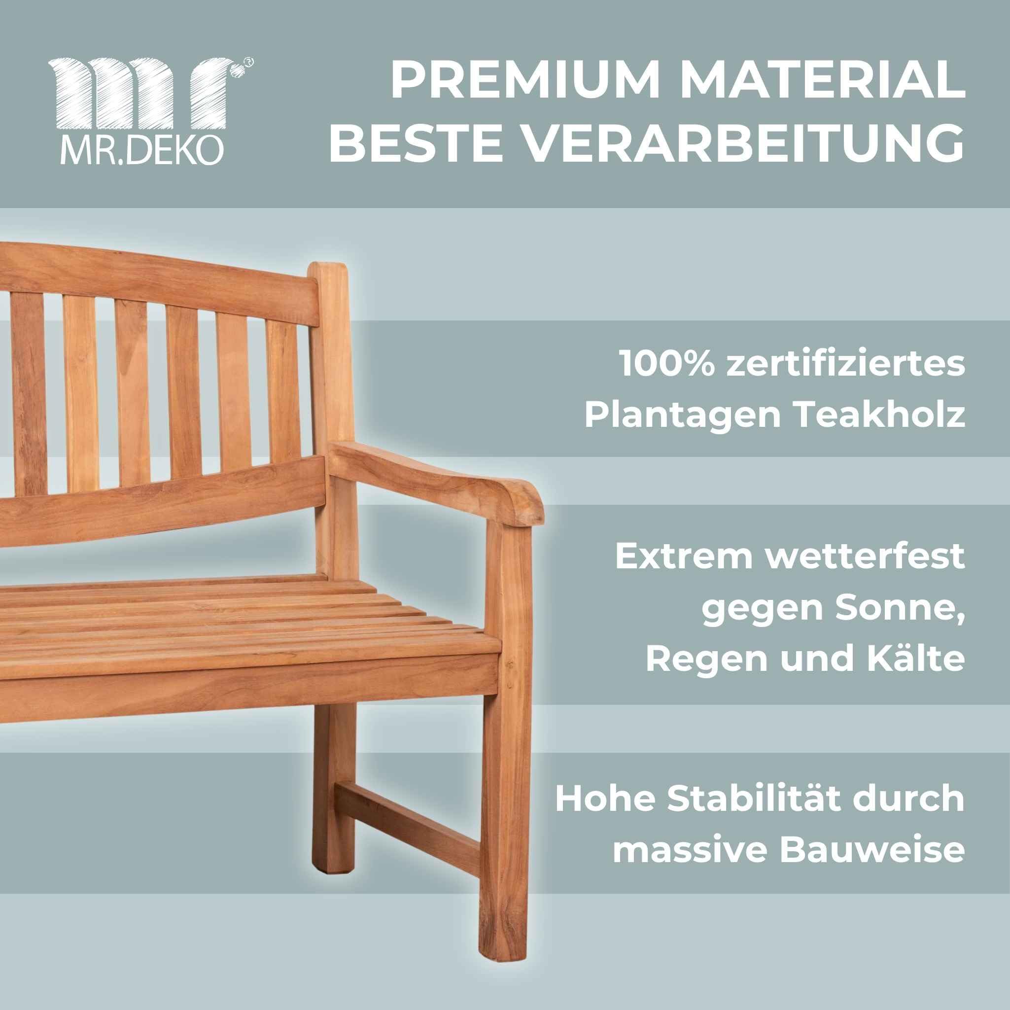 MR. DEKO Gartenbank wetterfest Bradford Sitzbank Teak Holz 120x57x94cm | Balko Bank Garten Parkbank