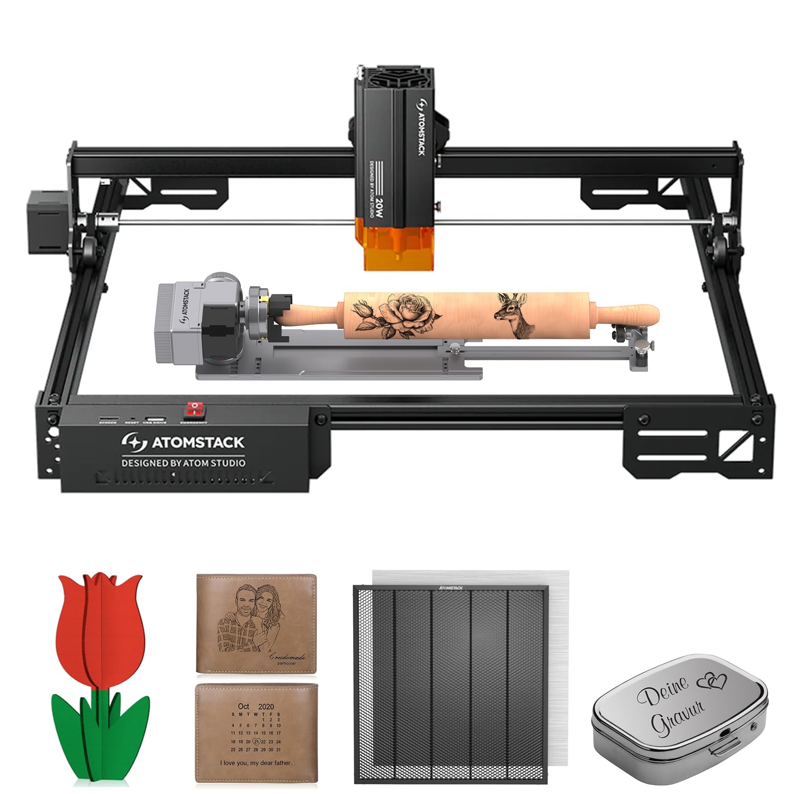 ATOMSTACK A20 Pro V2 Laser graviermaschine 20W Laser Cutter mit R8 Multifunktions-Drehrolle F4 Wabenplatte Hochpräzisions-Lasergraviermaschine für personalisierte Geschenke, Visitenkarten, Metall