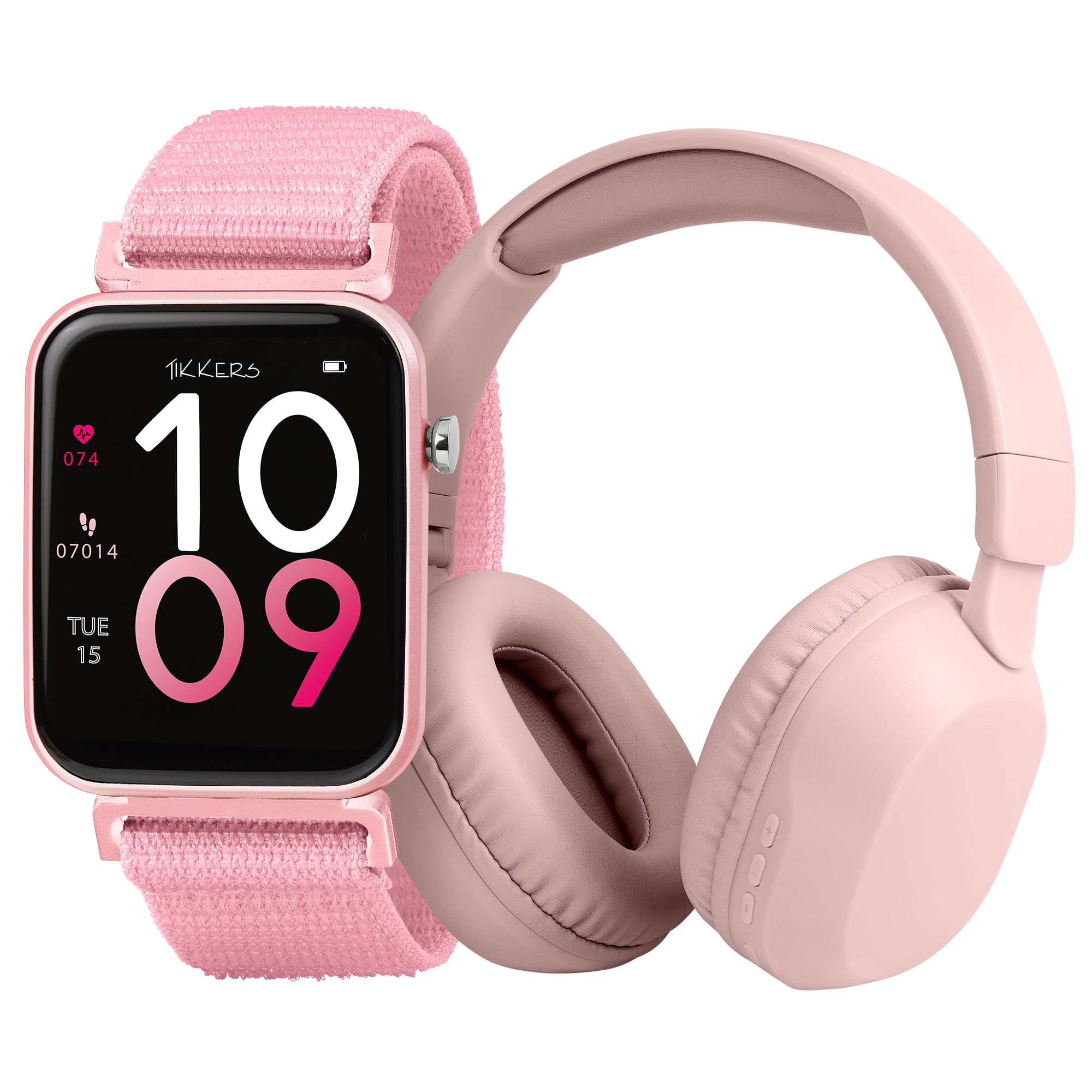 Tikkers Smart Series 13 - Różowy pasek z tkaniny Easy Release Smart Watch i słuchawki TKS13-0034-SET