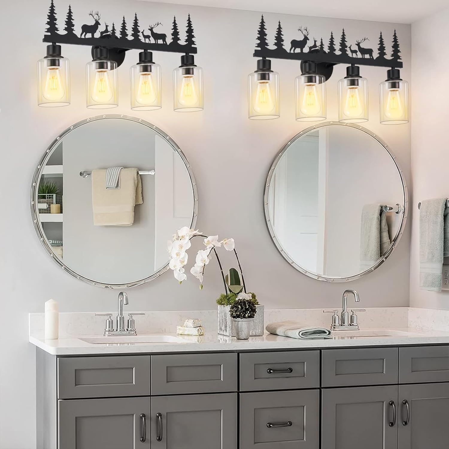 Farmhouse Rustic Deer Bathroom Light Fixtures, 4-Light Black Vanity Lights with Clear Glass Shade, Wall Lamp for Bathroom, Living Room, Hallway, Kitchen, Cabinet, Porch