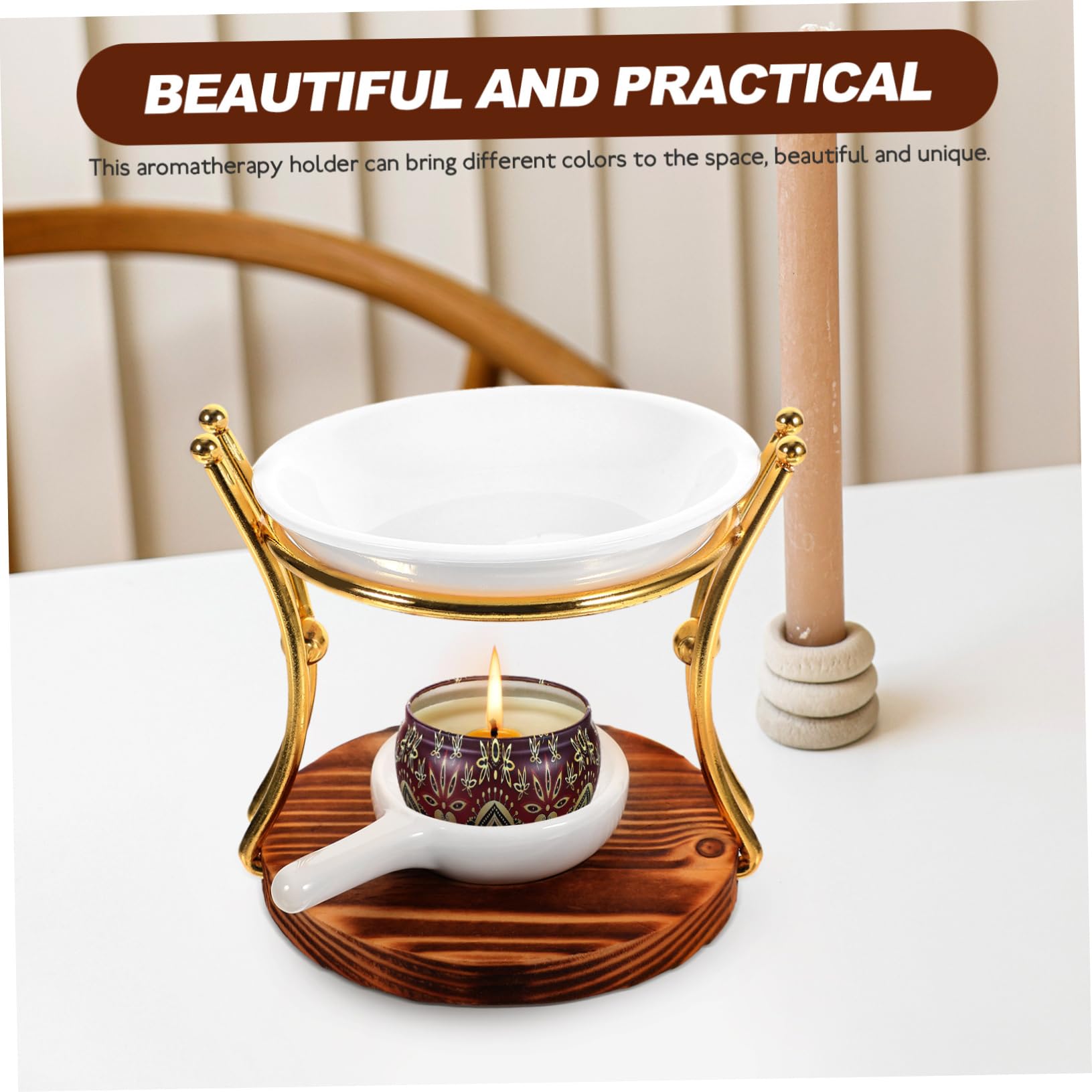 Quemador de Velas de Cerámica para Té con Base de Madera y Hierro, Quemador de Cera y Aceites Esenciales para Aromaterapia Hogar
