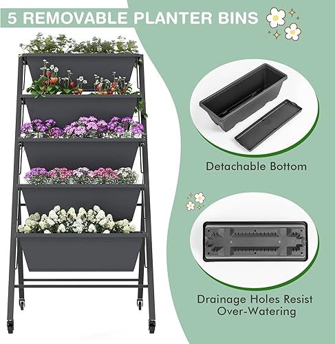 Miniatura 5 de Safstar - Macetero vertical de 5 niveles, cama de jardín elevada con 2 ruedas bloqueables, 5 cajas de macetas extraíbles, marco de metal, caja de