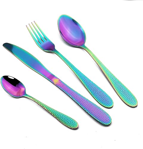 JASHII Juego de cubiertos de acero inoxidable martillado de 24 piezas con mango de rombo con mango de espejo, cuchillos, tenedores, cucharas,