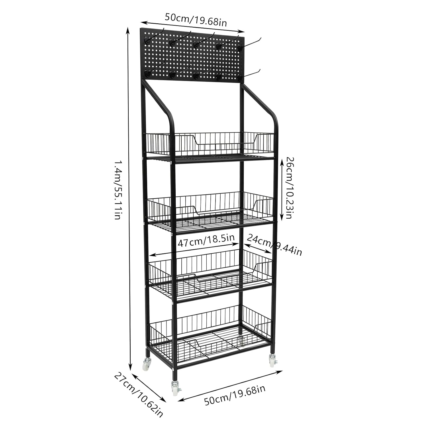 4 Tier Retail Candy Display Rack, Metal Storage Shelf with Wheels & 10 Hooks, Freestanding Candy Snack Display Racks, Mobile Chip Shelf Organizer for Stores, Kitchen, Office 19.7*10.6*55.1in Black