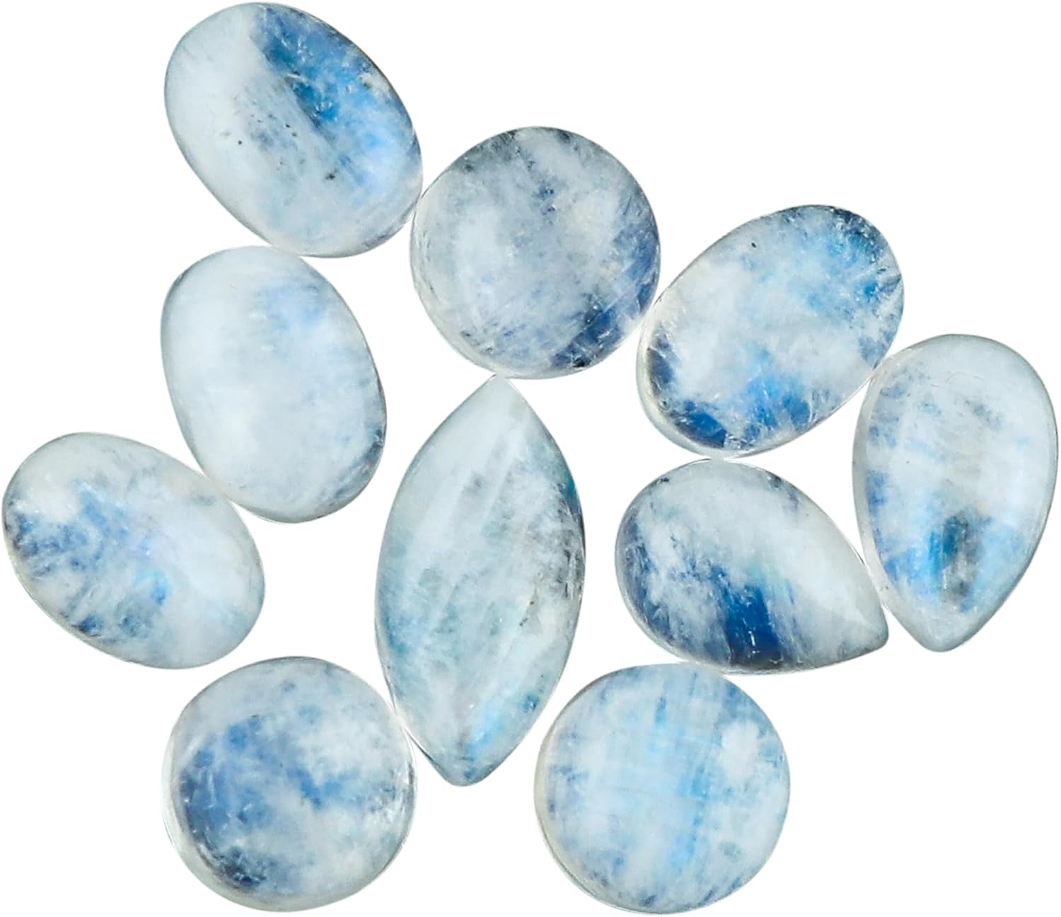 (10Pcs) Natural Rainbow Moonstone Gemstone, Wholesale Cabochon for Jewelry Making, Polished Stone Supplies, DIY Crafts & Designs, Chakra Healing Crystals, June Birthstone, Gem Collection