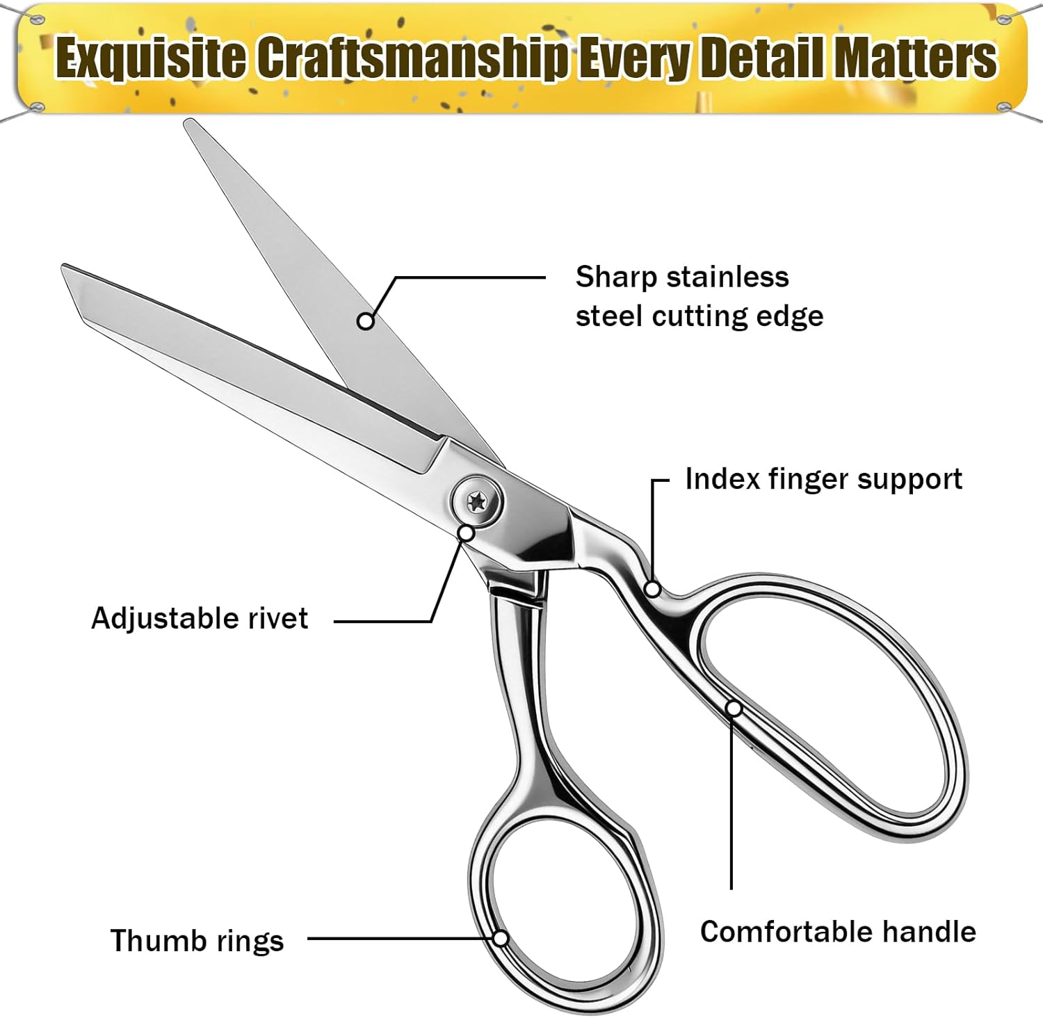 Sewing Scissors Stainless Steel, 8" Gold Scissors, with Protective Sheath, Adjustable Screw Handle, Sharpening Stone, for Sewing, Ribbon Cutting, Home & Office (Silver)