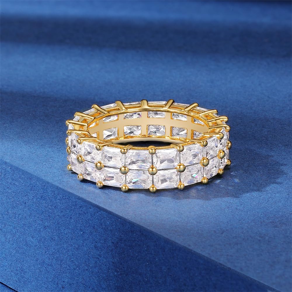 MDFUN 18K Yellow Gold Plated Engagement Promise Wedding Ring Baguette Ring Eternity Band for Women, 2 Rows Emerald Cut Cubic Zirconia Rings Size 5-10 - Image 3