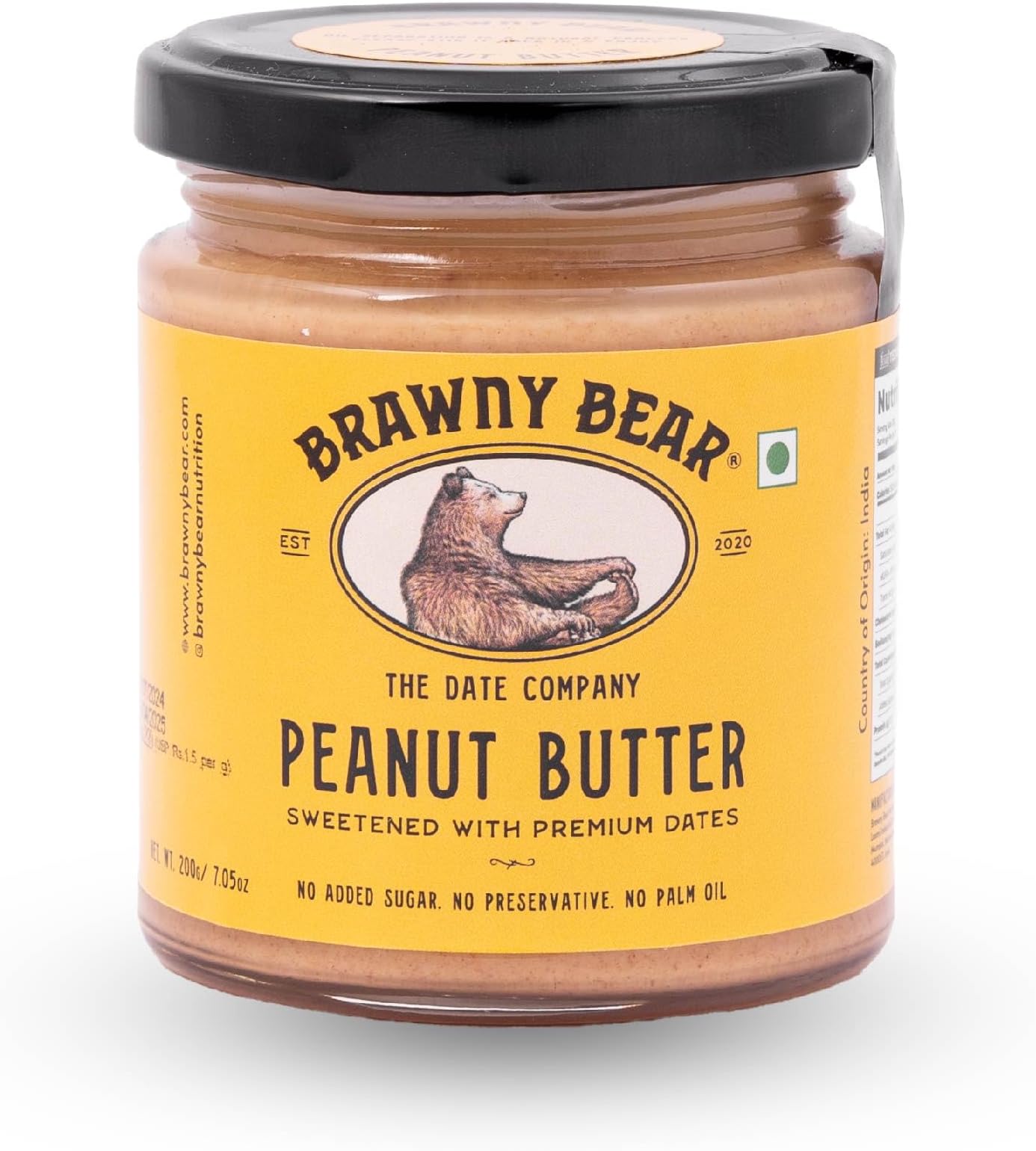Brawny Bear Peanut Butter, 100% Natural Sweetened with Dates, Smooth Healthy Nut Butter with No Added Sugar and Preservatives, Low Gl, Vegan, High in Protein Spread - 500 gms