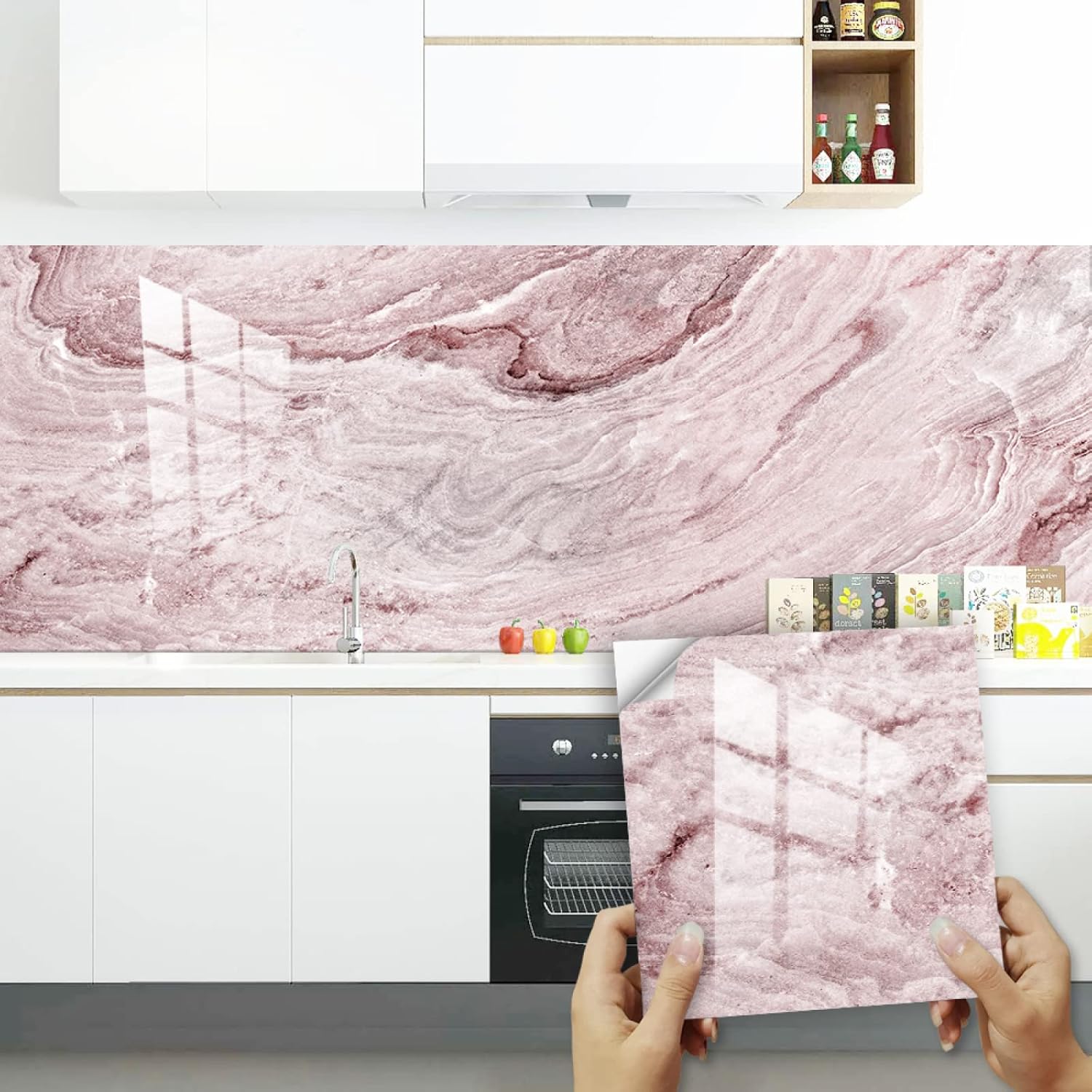 Stick on Tiles Pink Marble Tile Stickers PVC Self Adhesive Wall Tiles