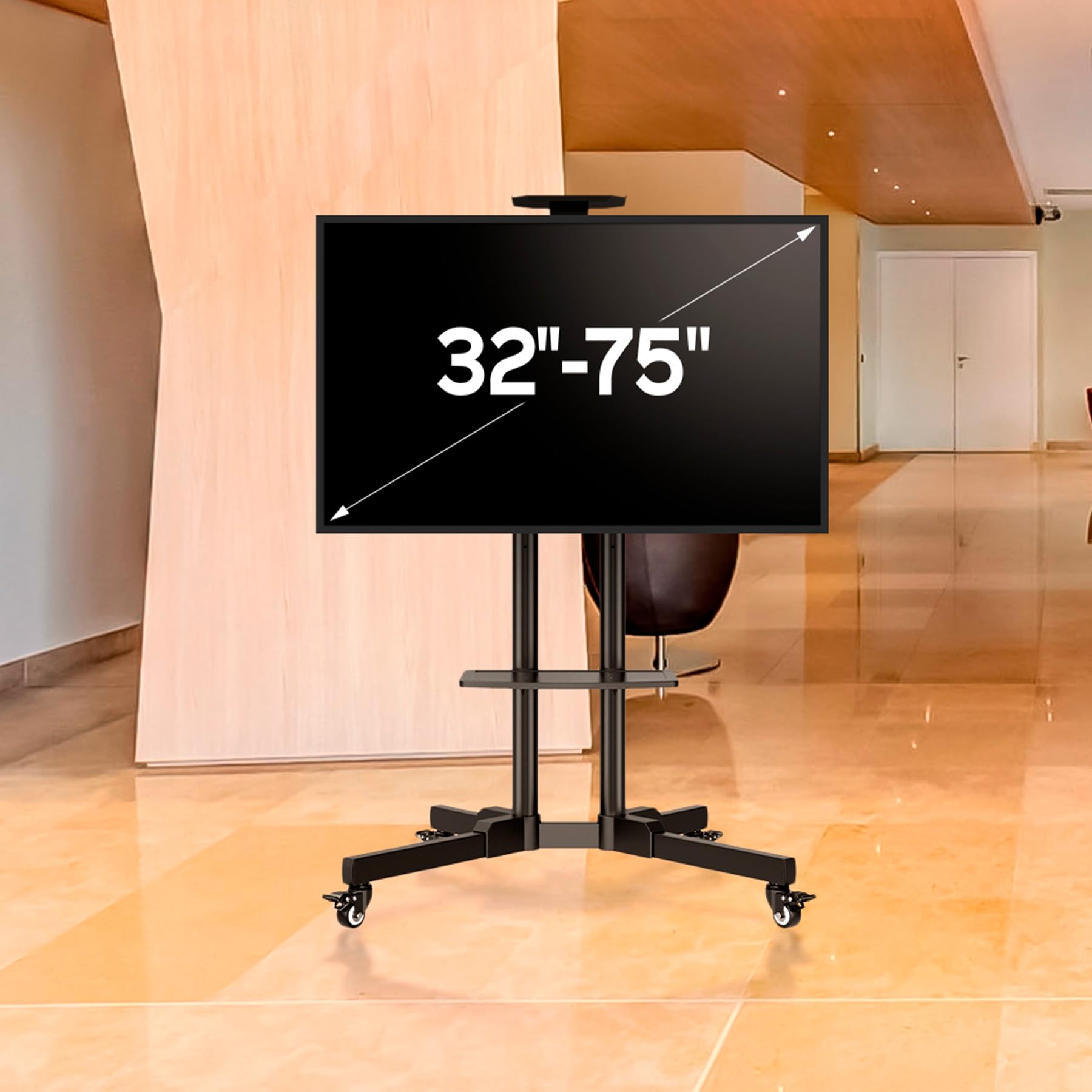 UNYKAch Supporto TV mobile con 2 ripiani e altezza regolabile per schermi piatti e curve da 32-75 pollici (fino a 45 kg), VESA max 600 x 400 mm