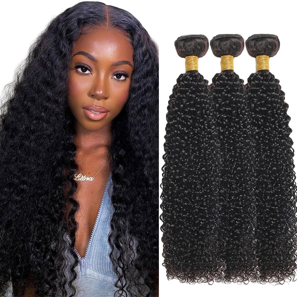Natural Black Color Curly Bundles Human Hair Peruvian Unprocessed Virgin Hair Weave Color #1B Kinky Curly Bundles 16 18 20 Inch