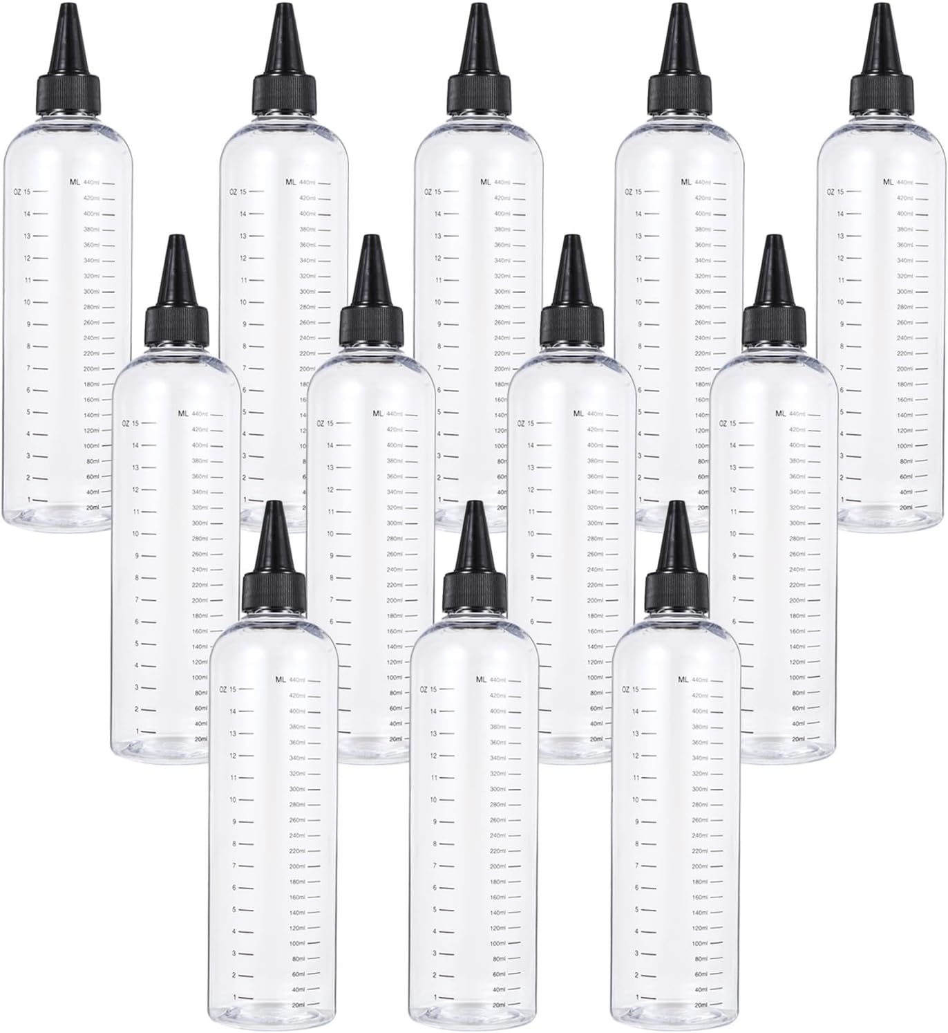 SHOWERORO 12pcs 500ml Plastic Needle Nose Hair Treatment Bottles with Scale, Refillable Hair Measuring Applicator Containers for Salon and Hair Styling Use