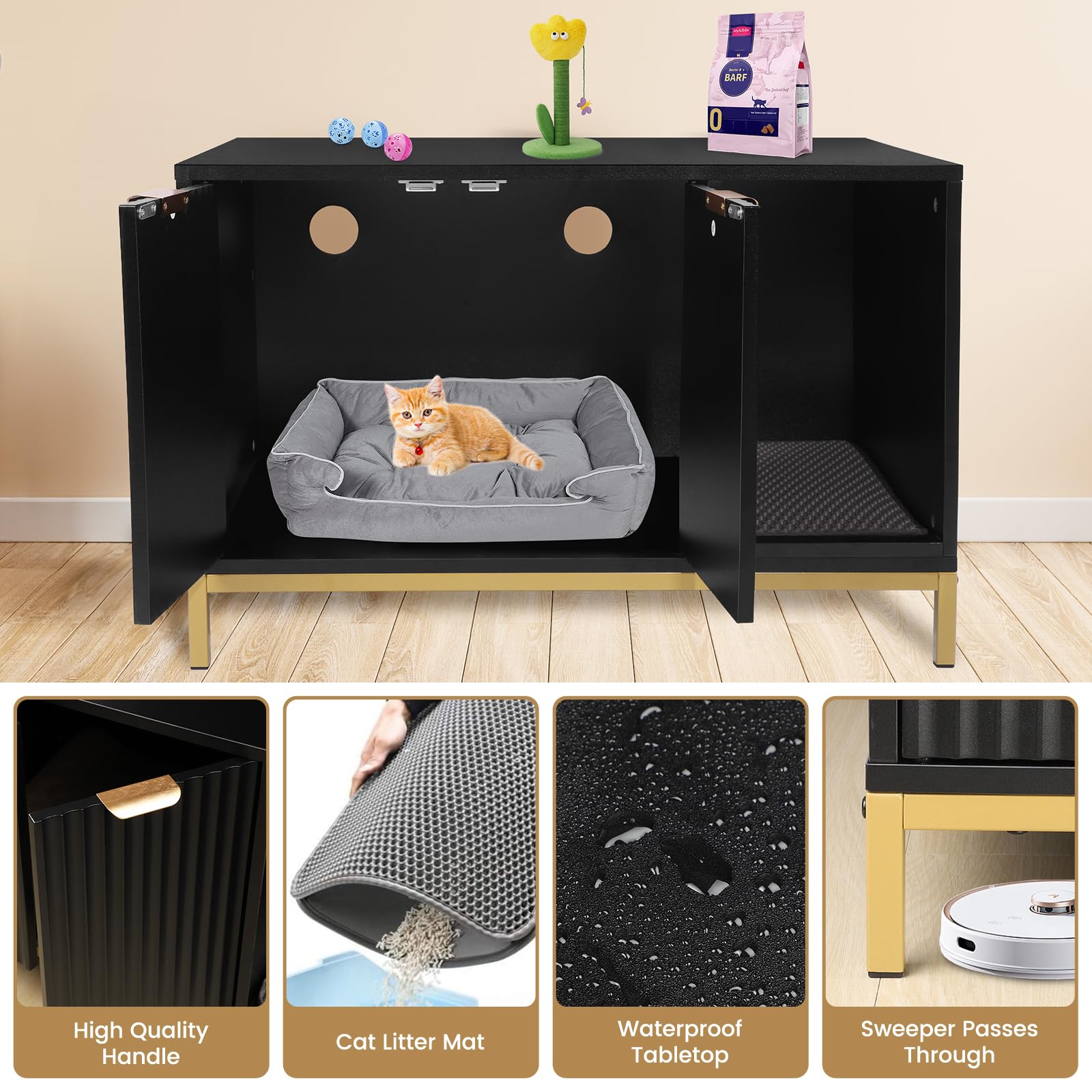 Cat Litter Box Enclosure, Hidden Litter Box Furniture with Metal Legs, Side End Table Indoor Cat House Storage Cabinet 31.5 x 19.7 x 20 Inches (Black + Gold)