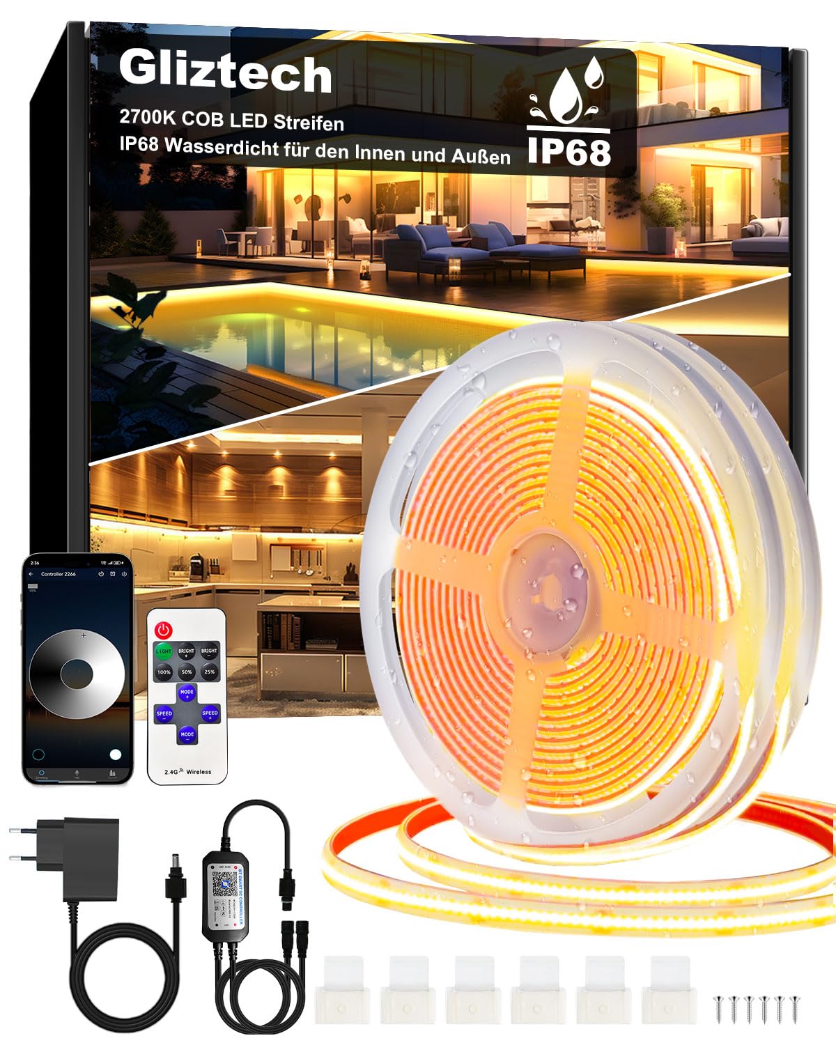 COB LED Streifen 30M (2*15M) IP68 Wasserdicht, 24V 2700K LED Strip Warmweiss, LED Lichtband Selbstklebend Außen mit Netzteil, APP und Fernbedienung für Dachtraufe Garten Pool Terrasse Küche Badezimmer