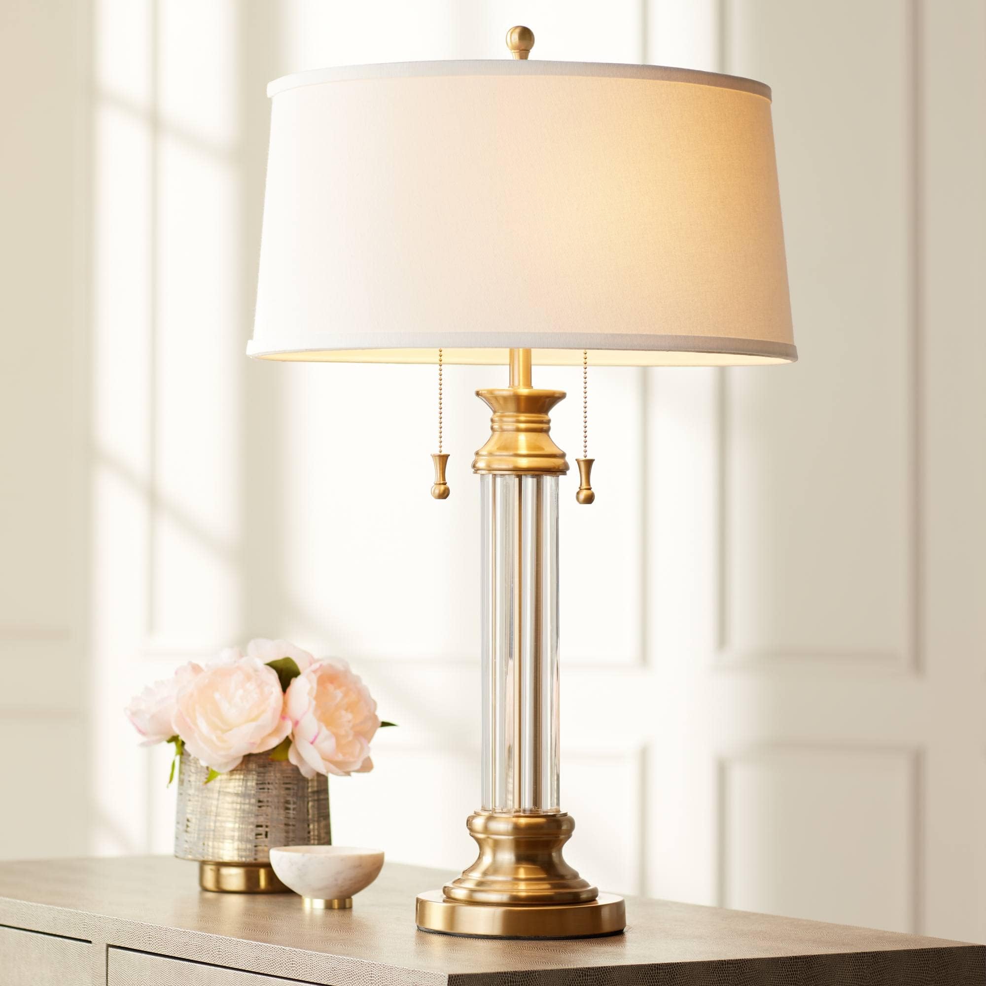 Rolland Traditional Table Lamp 30" Tall Antique Brass Glass Column Off White Tapered Drum Shade Decor for Living Room Bedroom House Bedside Nightstand Home Office Entryway