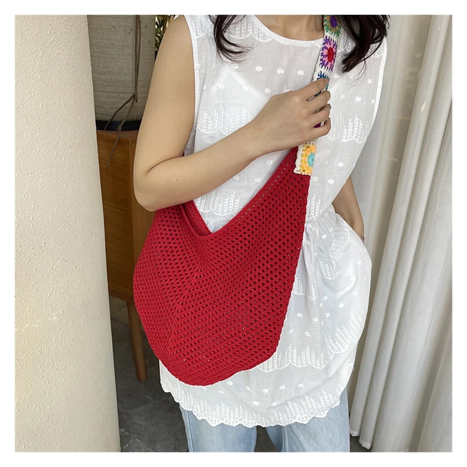 Bolso Ganchillo Flores Bolso de mano tejido hueco, fresco y veraniego: gran capacidad, de un solo hombro, ideal for ocio y vacaciones.