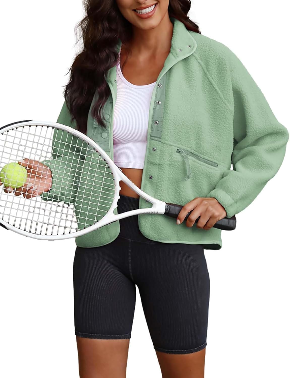 ReachMe Womens Sherpa Jacket Casual Lapel Button Down Cropped Fuzzy Fleece Jackets Long Sleeve Winter Coats with Pockets - Image 2