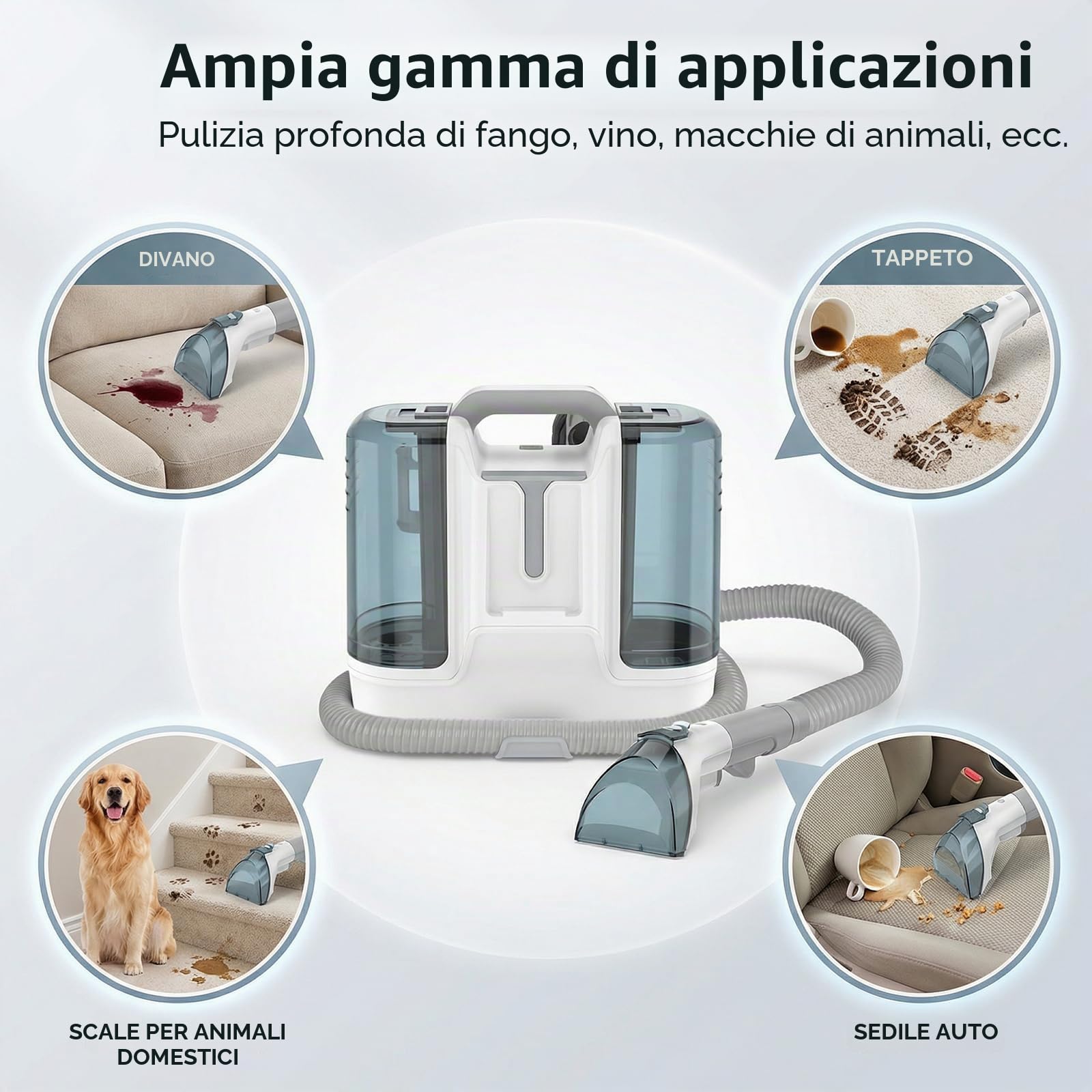 Lavatappeti Aspirapolvere Tessuti Divani 450W, 16 KPa Lava Divano, Aspirapolvere Lavatore con Serbatoio Doppio 1800/600 ml, 4 Spazzole per Divano, Moquette, Interni Auto