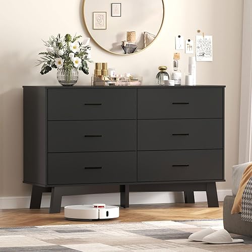 Wodeer Black Dresser 6 Drawer Dresser for Bedroom, Modern Wood Chest of Drawers with Legs, Metal Handles, TV Stand and Storage Cabinet for Living Room, Hallway, Nursery, Closet