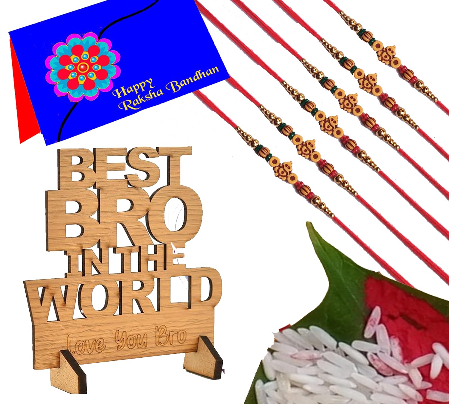 SawardawalasMulticolor Combo of 6 Ganesh Ji Designer Dora Rakhi Set for Men with Wooden Showpiecs Best Bro in The Wolrd also Greeting Card and Roli Chawal