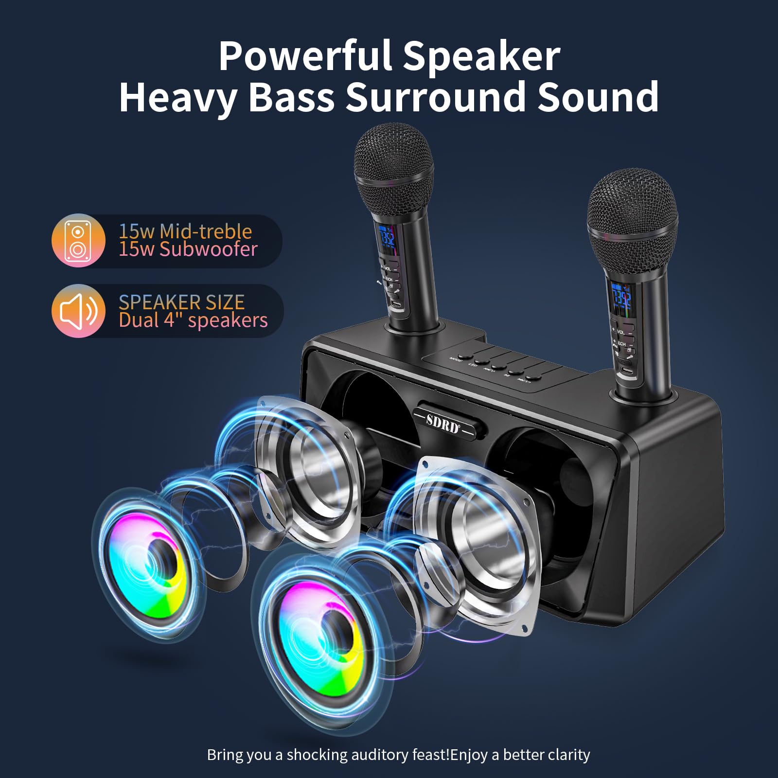 Maszyna do karaoke dla dorosłych i dzieci, 2 mikrofony UHF, głośniki Bluetooth, system PA z lampami, uchwyt na telefon, idealna na imprezę, piknik,