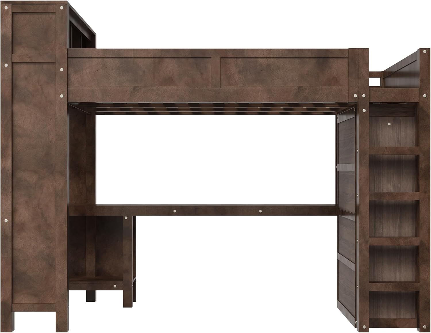 Loft Bed Queen Size with Desk & Wardrobe,Storage Headboard with Cabinet & Charging Station,Wooden Loft Bed Frame with Safty Guardrails and Ladder,Large Under Beds Space for Kids Teens Adults,Brown
