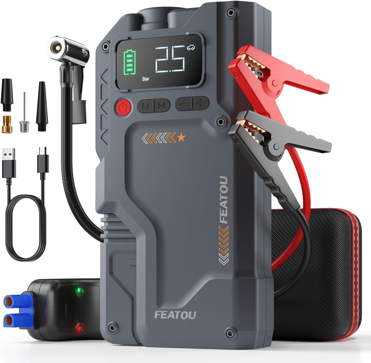 Jump Starter with Air Compressor, 5 in 1 Functional Jump Box 5500A Peak Power Pack with 150PSI Digital Tire Inflator, Portable Car Charger Jumper for 9.0L Gas or 7.5L Diesel