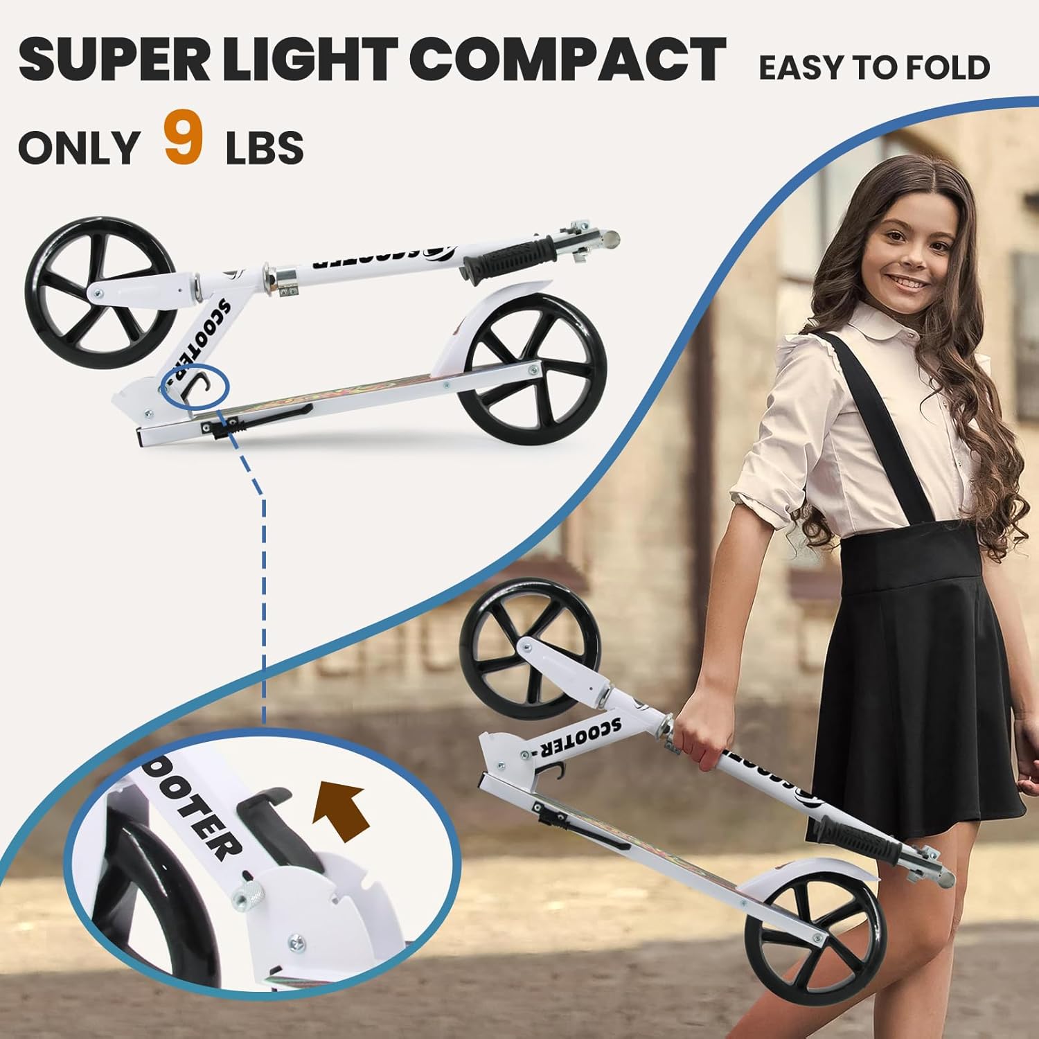 Foldable Kick Scooter for Kids Teens Adults 6+, 8" Wheels with Shock Absorption, 4-Level Adjustable Height, 240 lbs Capacity,Rear Brakes&Lightweight Design for Commuting,School&Park Rides,White