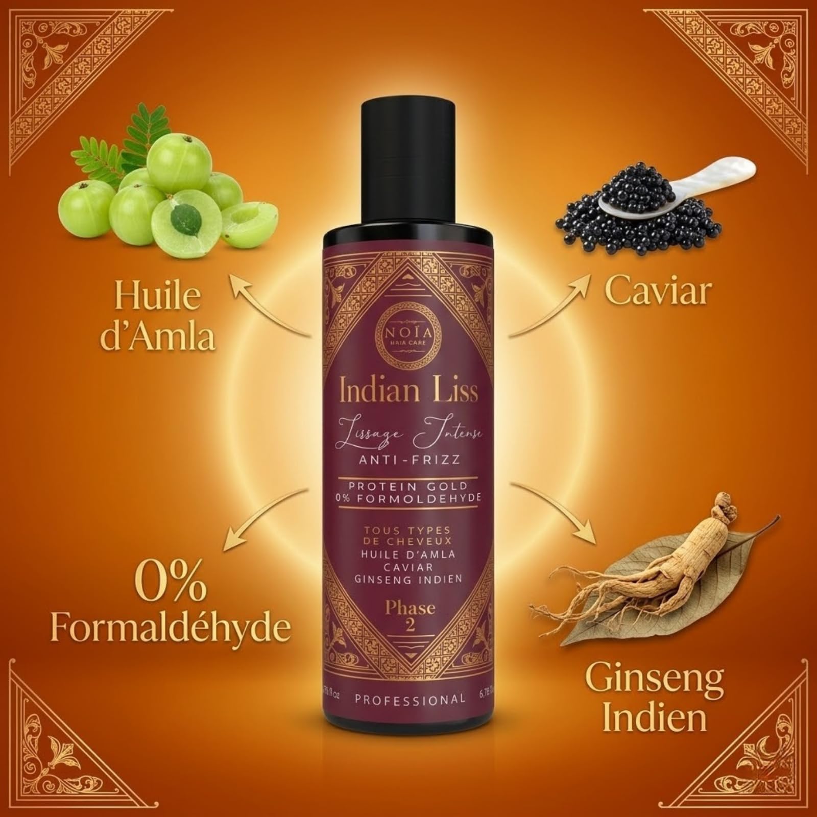 Noia Hair Indian Liss – Lissage Indien Professionnel 2 Étapes – Shampooing Purifiant + Soin Lissant Anti-Frizz – Kératine, Huile d’Amla & Ginseng – Cheveux Lisses, Brillants – 250 ml