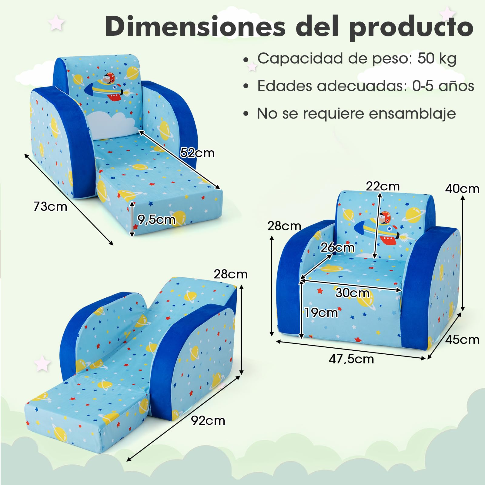 COSTWAY Sillones Infantiles Convertible 3 en 1, Sofá Cama para Niños con Asiento Acolchado de Espuma, Funda Protectora Extraíble, Sillón Reclinable Plegable para Niños de 0-5 Años (Azul, avión)