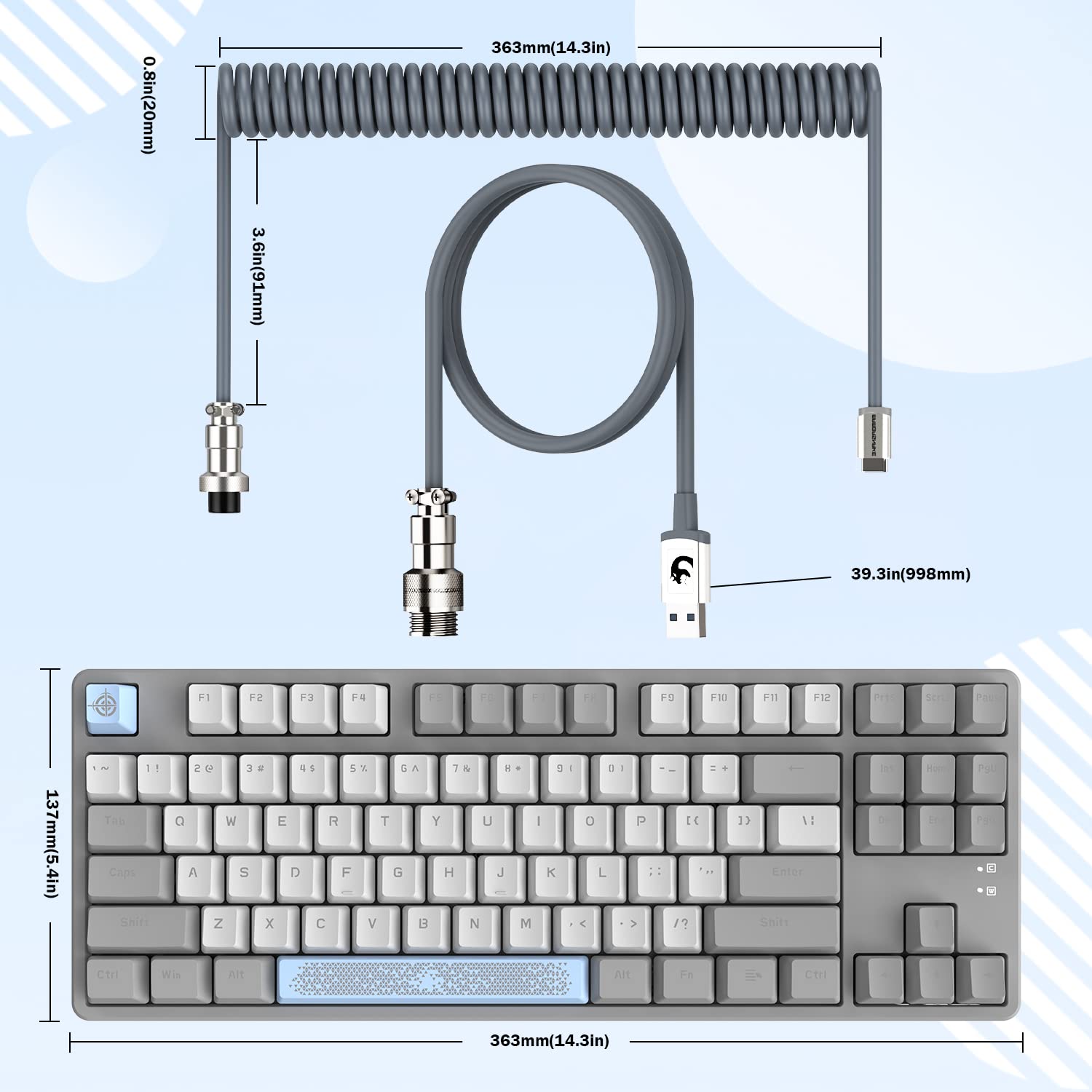 MAMBASNAKE AK873 Przewodowa klawiatura mechaniczna z możliwością wymiany na gorąco, spiralny kabel, 22 podświetlenie RGB, 3 kolorowe pływające nasadki klawiszy PBT, 87% klawiatura z odłączaną osłoną