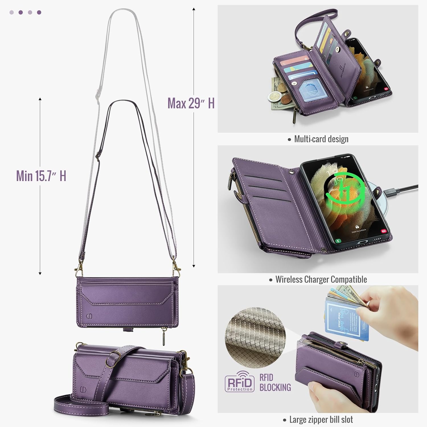Strapurs Crossbody Wallet Case Compatible with Samsung Galaxy S21 Ultra 5G RFID Blocking 10-Card Holder Soft PU Leather Magnetic Snap Strap Zipper Pocket Phone Case Fit for Galaxy S21 Ultra - Purple