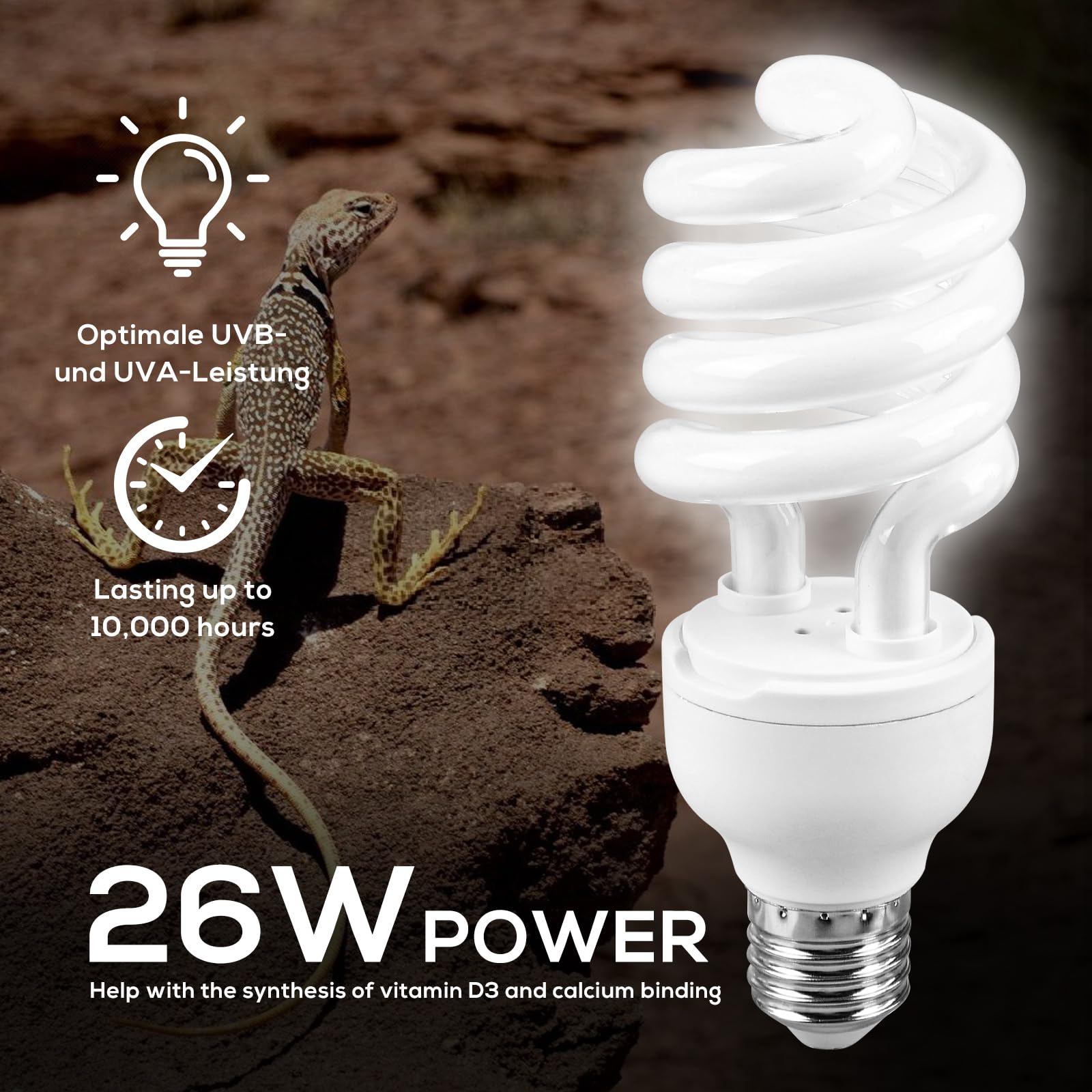PORFOYO Lampada UVB, 26w 10.0 UVB Reptile Light, Luce UVB Per Rettili, UVB Per Tartarughe, 220V Animal Lampada UVB, Per Lucertole, Serpente, Camaleonte, Draghi Barbuti