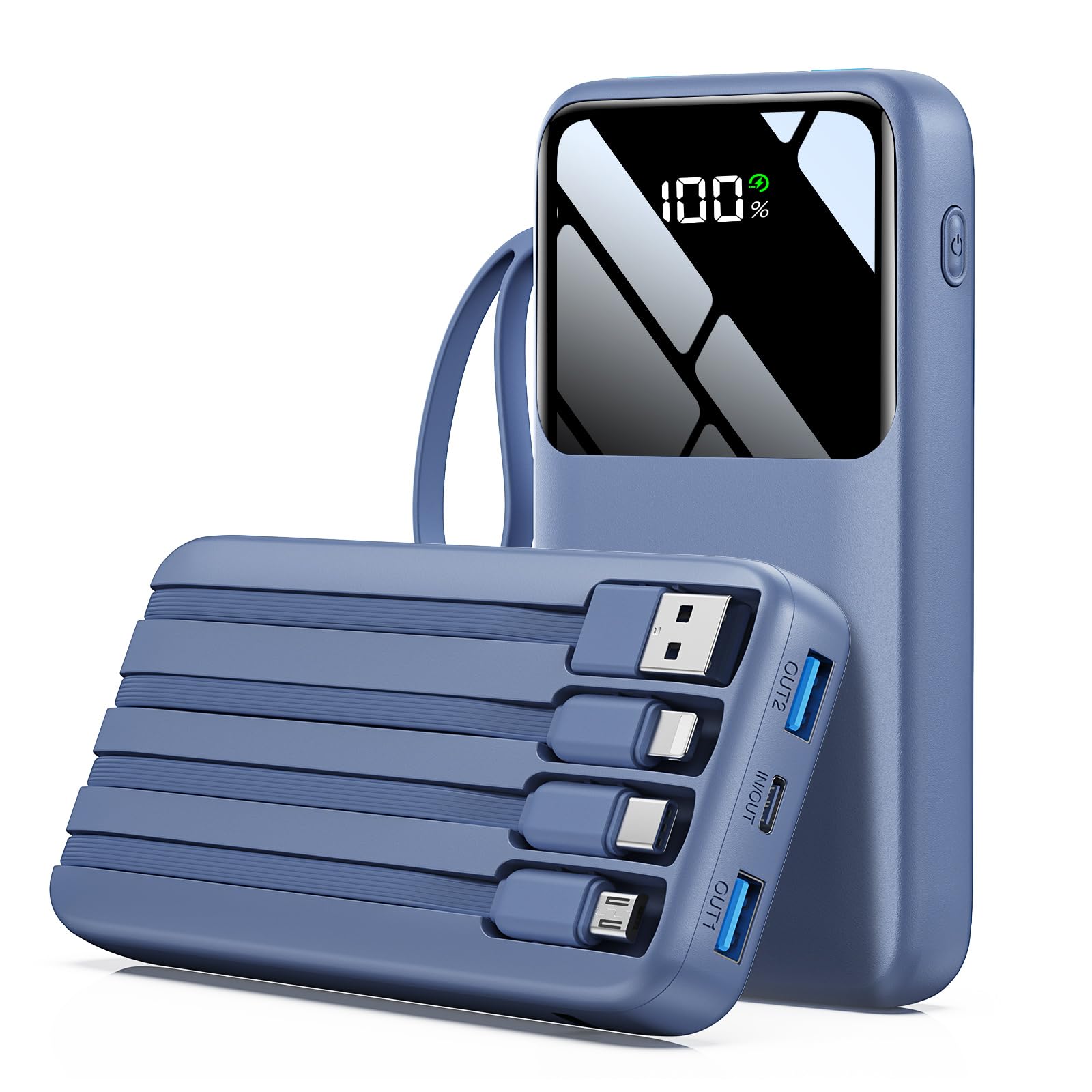 Power Bank 15000mAh Portable Charger with Built in Cable 22 5W Fast Charging 6 Outputs Slim Travel Essential