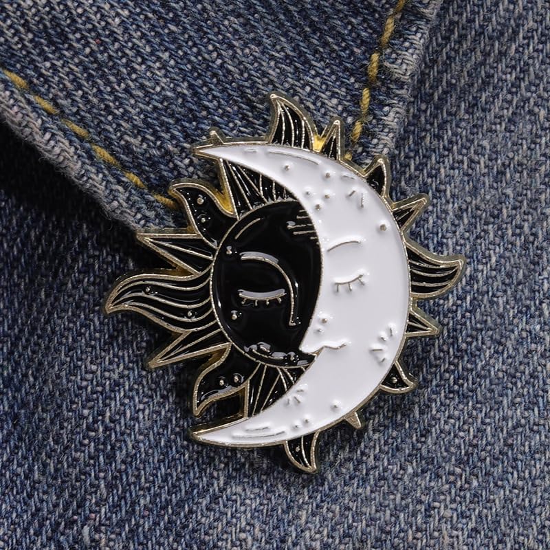 Image of Moon Sun Face Brooch Pin Cartoon Flaming Sun Badges Enamel White Moon Black Sun Corsage for Hat Bag T-shirt Decors