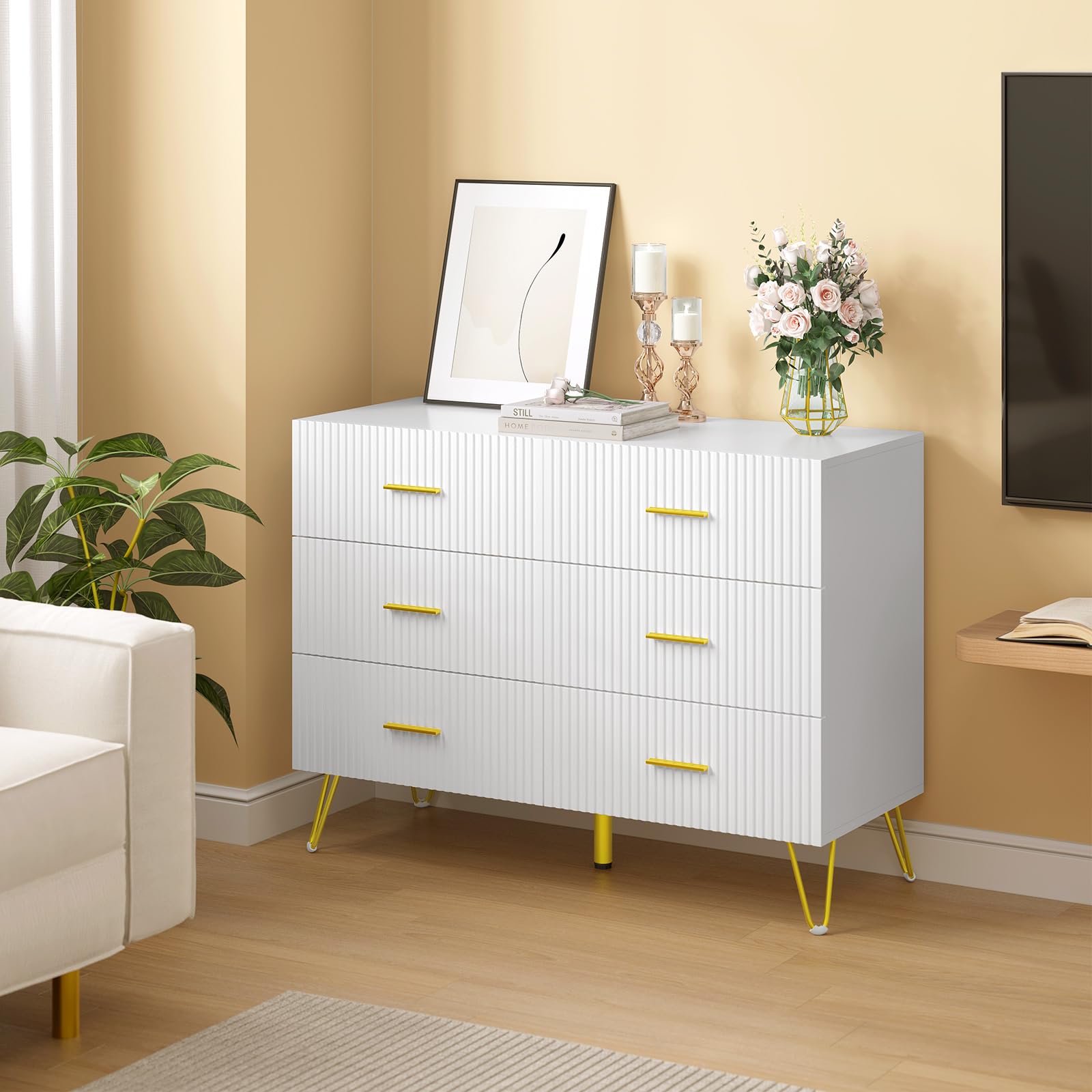 WOLTU Cómoda Blanca de 6 Cajones | Con Patas Doradas, para Dormitorio y Salón, 100x40x75 cm