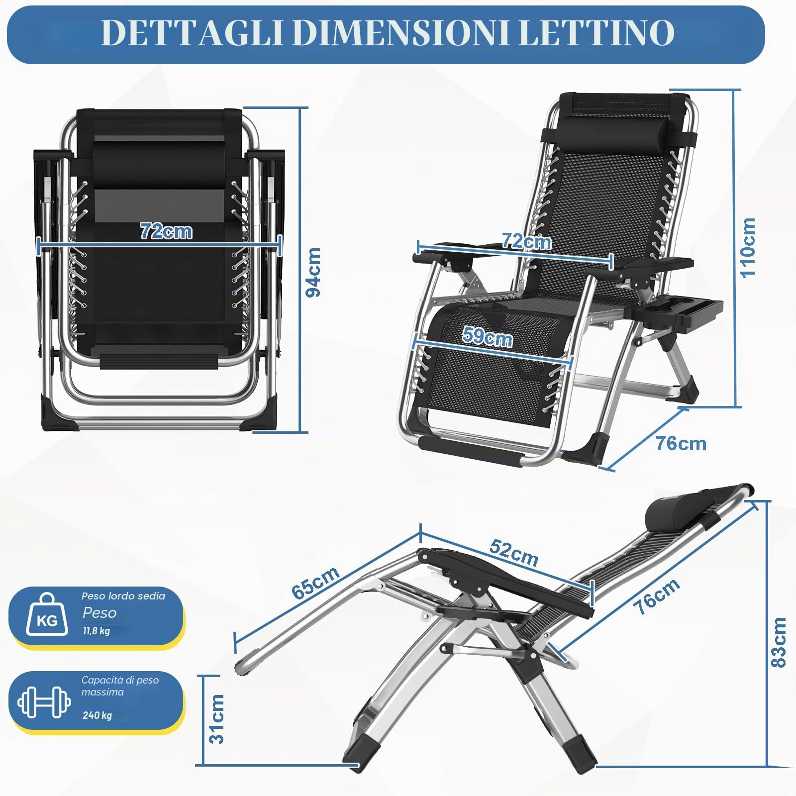 Fiutazge Lettino Prendisole Zero Gravity 72 cm,Sdraio Pieghevole con Cuscino, Schienale Regolabile, Pedaliera,Portabevande,Per Giardino,Piscina,Spiaggia,Terrazzo,Campeggio-Gray