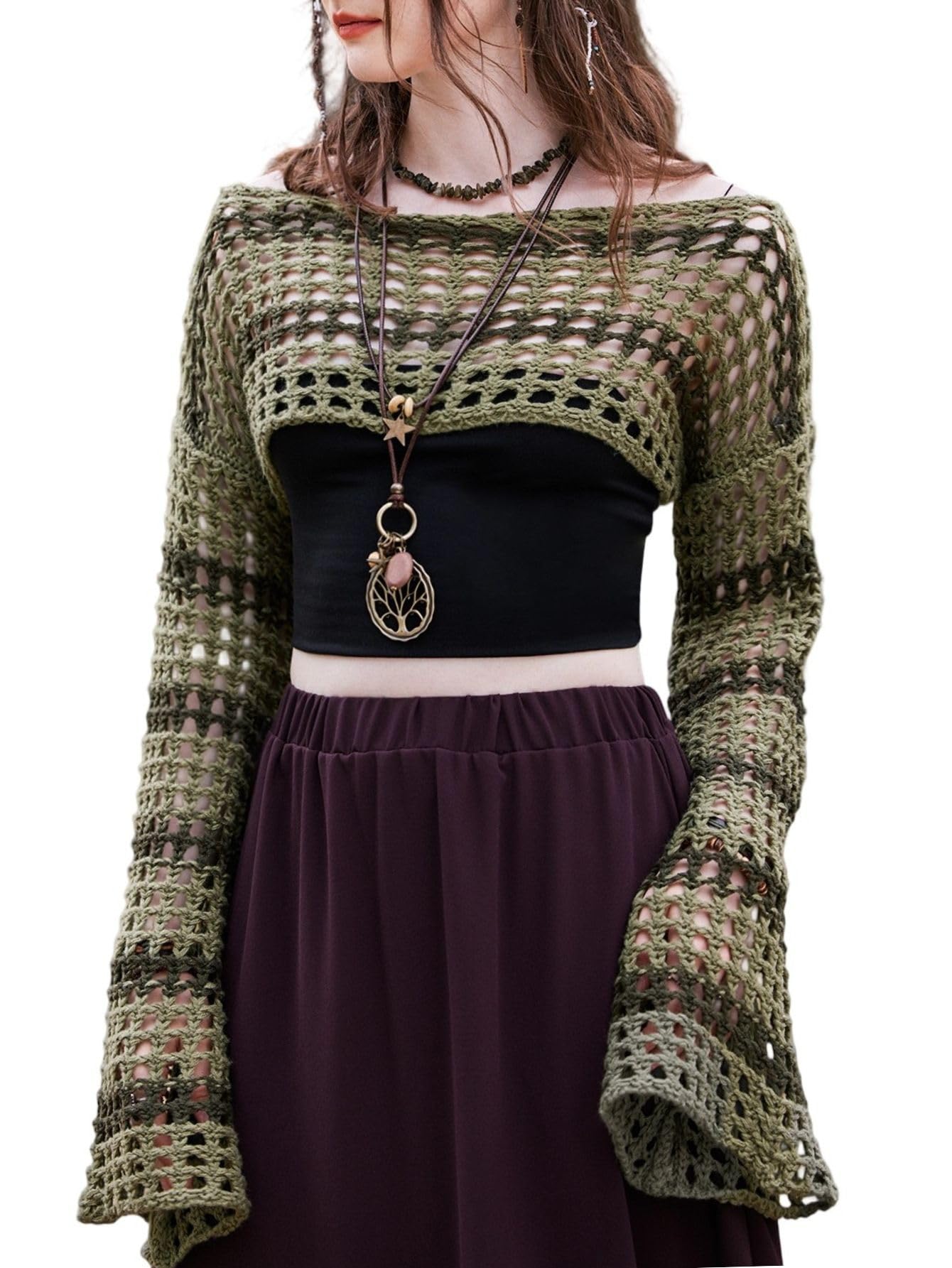 SHENHE Women's Hollow Out Knit Bolero Shrug Crochet Cropped Sweater Top Bell Long Sleeve Y2K Top: Large Army Green